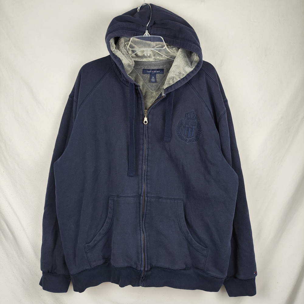 Tommy Hilfiger Hoodie Mens XL Blue Full Zip Sherpa Fleece Lined Sweatshirt Logo